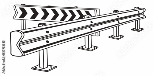 A detailed illustration of a metal barrier with reflective stripes on a road Vector