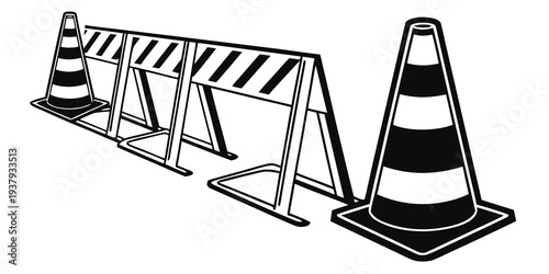 Construction barriers and traffic cone on a road Vector
