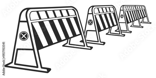 Row of black and white striped road barriers with warning symbols on a gray background Vector
