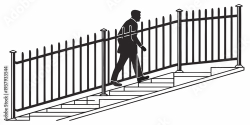 A person walking along a fence in a park with a dog on a leash. Vector