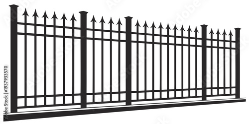 A tall, ornate black metal fence with intricate designs and pointed tops Vector