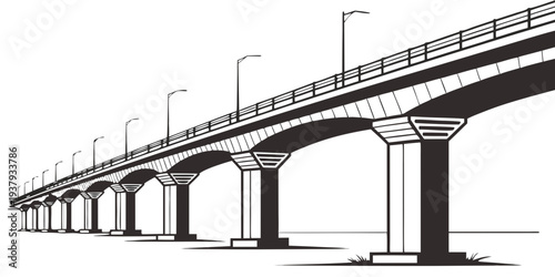 A long bridge with multiple arches spanning over a river or valley. Vector