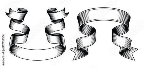 Vintage Vertical Scroll Ribbon Banner Vector, Premium Engraving Style, Black White Multi-Tier Flowing Ribbon