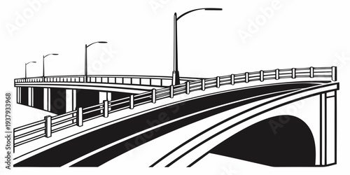 A detailed illustration of a bridge with multiple lanes and streetlights Vector
