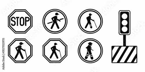 A variety of traffic signs and symbols indicating pedestrian and vehicle regulations. Vector