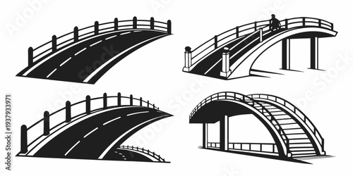 Four distinct architectural designs of modern pedestrian bridges showcasing unique structures Vector