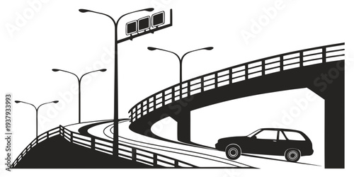 A black and white illustration of a car driving on a highway under a bridge with streetlights. Vector