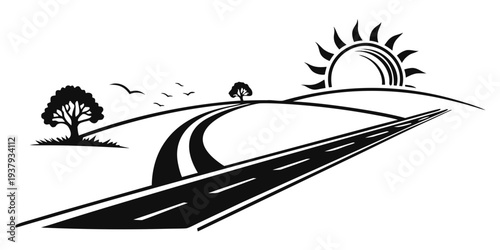 A serene road stretches towards a sunrise with trees and a hill in the distance Vector