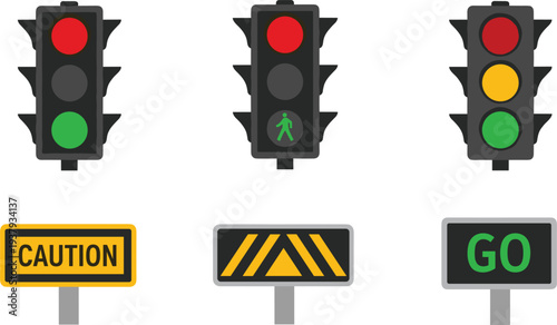 Traffic Light and Road Safety Sign Set with Red Yellow Green Signals, Pedestrian Walk Icon, Caution and Go Vector Illustrations.