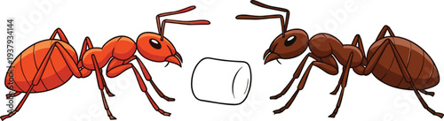 Two Ants Carrying Marshmallow Food Illustration with Red and Brown Ant Characters for Nature, Insect, and Teamwork Design Projects