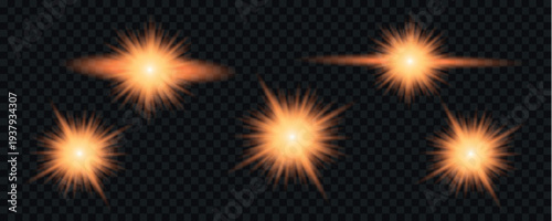 Collection of bright white starbursts and lens flares on a transparent background varying in shape