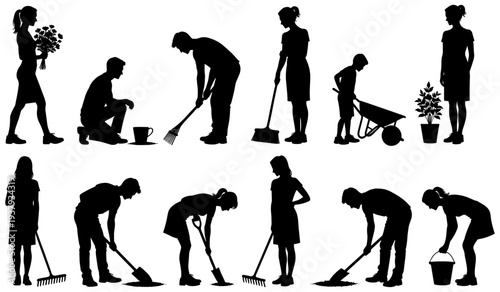 Household and gardening silhouette icons set featuring sweeping, mopping, scrubbing, planting, flowers, wheelbarrow, bucket, and lifestyle graphics
