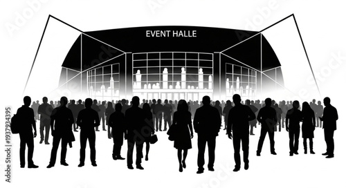 Crowd Gathering Outside Modern Building.