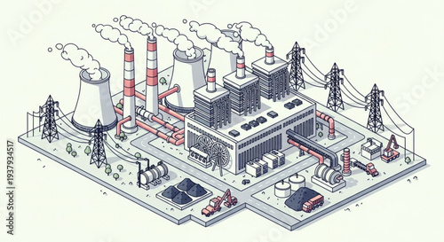 Industrial power plant with cooling towers and smokestacks emitting steam.