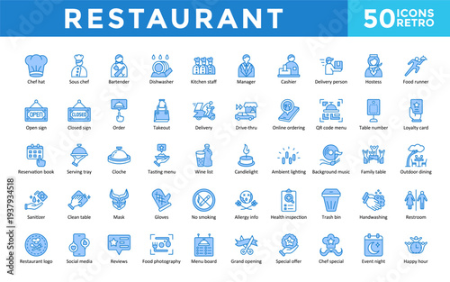 Restaurant icons set with chef hat, sous chef, bartender, dishwasher, kitchen staff, manager, cashier, delivery person, hostess, cloche icon. Simple retro vector 
