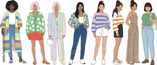 Diverse women in trendy streetwear fashion line art vector illustration with colorful patterns for modern urban lifestyle design
