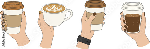 Minimalist hand drawn line art vector of hands holding takeaway coffee cups for modern urban cafe lifestyle and morning routine