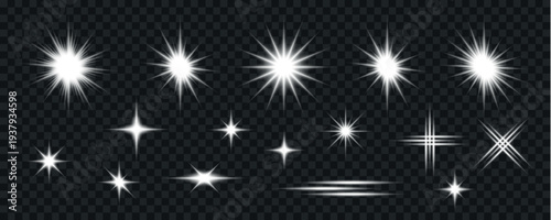 Collection of bright white starbursts and lens flares on a transparent background varying in shape