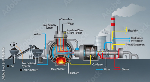 Diagram of a coal-fired power plant showing the process of generating electricity.