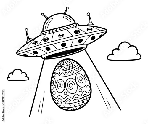 Funny coloring page line art of an alien UFO flying saucer beaming up a decorated Easter egg