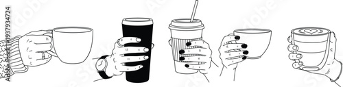 Minimal hand-drawn vector illustration set of diverse hands holding coffee cups and mugs in clean outline style
