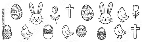 Collection of black and white Easter themed icons featuring bunnies and chicks and crosses and eggs