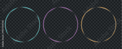 A series of three glowing translucent circular frames in gold teal and magenta hues against a transparent backdrop