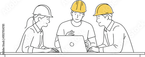 Minimal hand-drawn vector illustration set of engineers in safety helmets collaborating at laptop in clean outline style