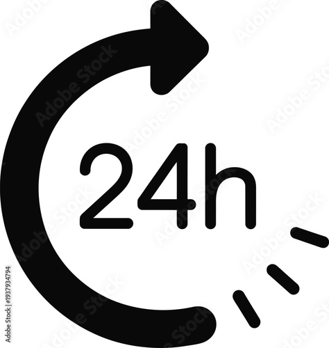 Black 24 hour circular arrow with dashes twenty four