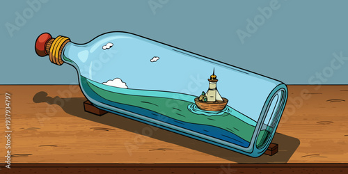 A glass bottle on a wooden table containing a miniature stormy ocean with a small ship, hyper-detailed, cinematic lighting.