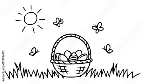 Woven easter basket filled with decorated eggs sitting on grass under the sun and butterflies