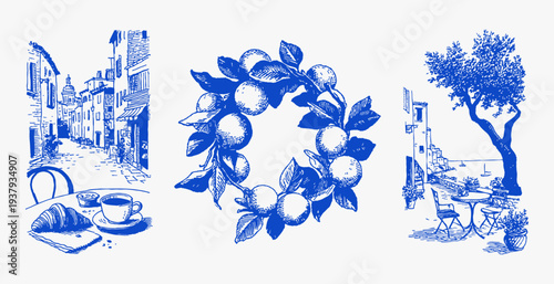 Mediterranean cafe street breakfast lemon wreath coastal terrace set. Hand drawn italian village scenes with coffee, croissant, citrus frame, seaside tables in vintage blue line style. Summer travel.