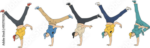 Minimal line art vector illustration of athletes performing synchronized one‑handed handstands showcasing balance, strength, and coordination