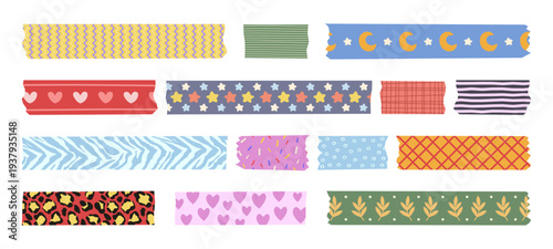 Washi tape pieces with cute patterns isolated on white background. Vector cartoon illustration of adhesive ribbons set with colorful heart, star, polka dot design, paper stickers for scrapbooking