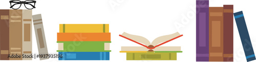 Minimal line art vector illustration of stacked books and open pages representing reading, learning, and educational themes