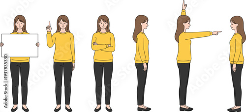 Minimal line art vector illustration of male character in casual outfit demonstrating multiple expressive poses and communication gestures