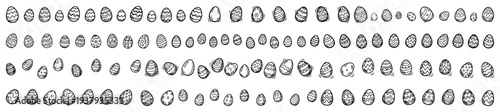 Large set of small hand drawn easter eggs with various decorative patterns and ornaments