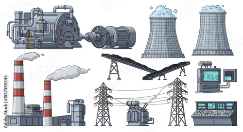 Industrial power plant and factory equipment illustration.