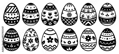 Collection of twelve detailed easter eggs with floral and geometric patterns in line art