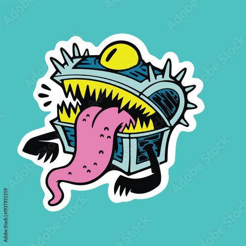 mimic monster with eyes, teeth and big tongue. treasure monster vector, sticker