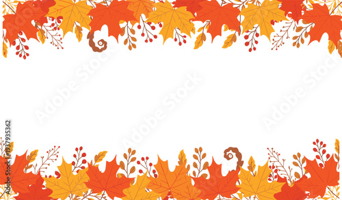 Minimal line art vector illustration of autumn border with colorful leaves, berries, and vines for seasonal festive decoration
