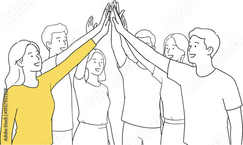 Minimal line art vector illustration of diverse group of people performing high five gesture symbolizing teamwork and unity