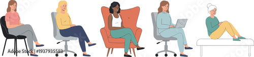Clean outline vector collection showing individuals seated in office chairs, armchairs, and benches with ergonomic lifestyle themes