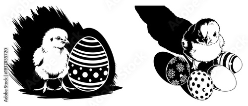 Set of cute baby chicks with decorated easter eggs in high contrast silhouette style