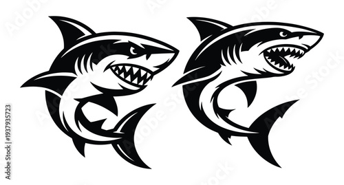 Aggressive Great White Shark Attack Vector Illustration, Aggressive Shark Jaws Vector Illustrations Black White, Bold Tribal Style Great White Predator