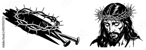 Crown of thorns with nails and Jesus portrait in black and white vector style