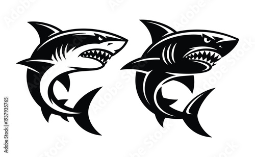Aggressive Great White Shark Light Dark Styles, Bold Black White Predator Illustration, open jaws, Graphic for Sports Mascot Logo, Swim Team Emblem, Streetwear Brand and Tattoo Reference