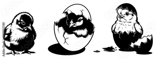 Cute Easter chicks with cracked eggs in black and white vector style