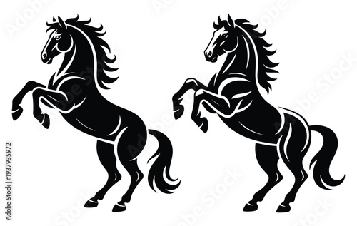Black Rearing Horse Stallion Vector, Powerful Rearing Horse Black Vector Illustration, Bold Stallion Mustang Symbol