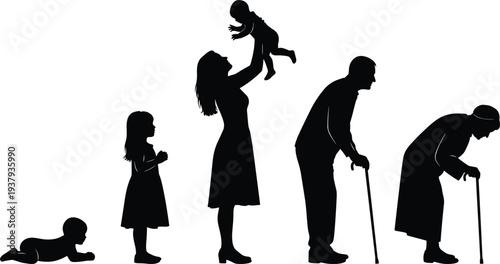 Black silhouette of human life cycle from crawling baby to elderly person with walking stick isolated on white background for aging concept